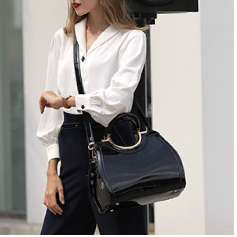 ♥️ Women's Handbags Designer Purses Satchel 
Structured Shoulder black patent - Picture 6 of 16